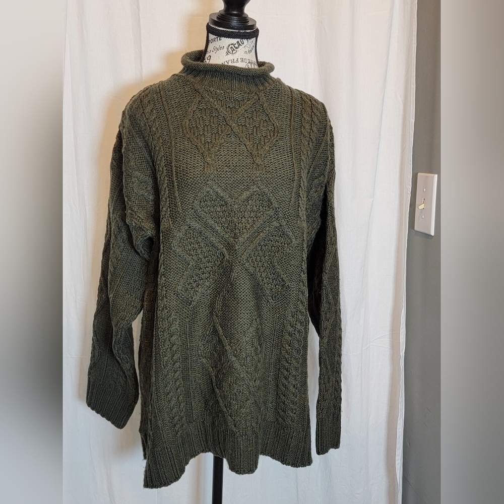 Aran Crafts Women's Green Cable Knit Rolled Neck Sweater